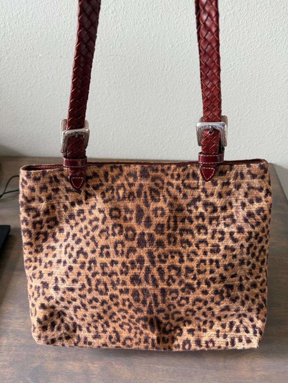 Brighton Leopard Print Purse Shoulder Bag Brown Leather Trim Great Condition